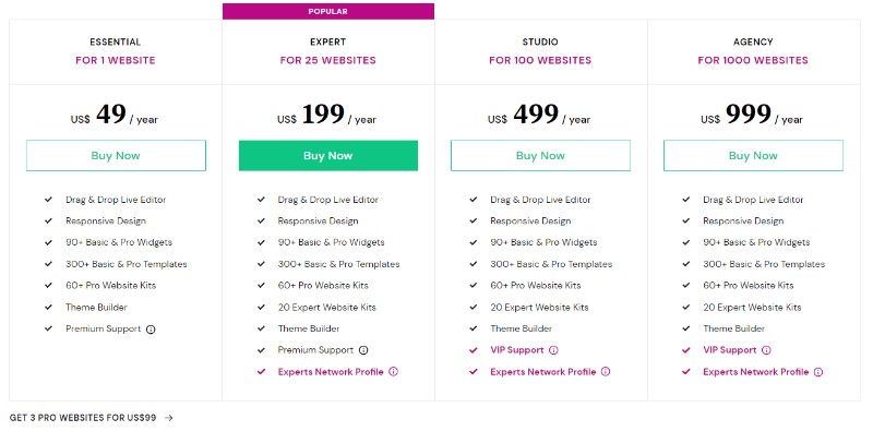 Elementor pricing plans, see current prices on elementor.com (opens in a new tab)
