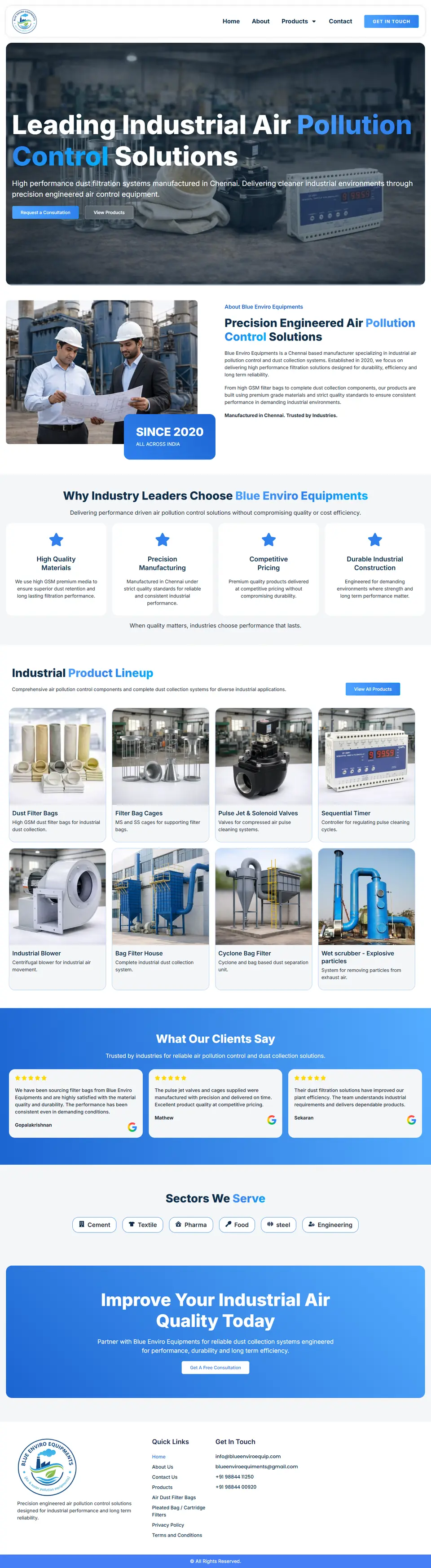 Blue Enviro Equipments website, full page