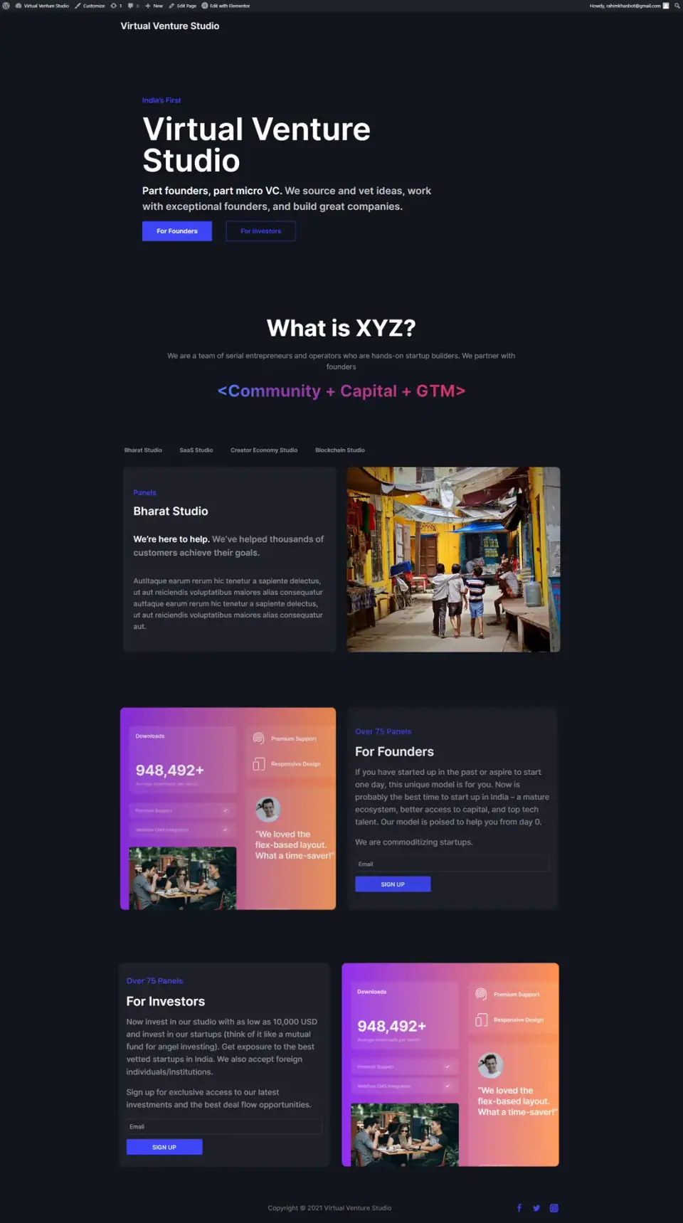 Virtual Venture Studio website, full page