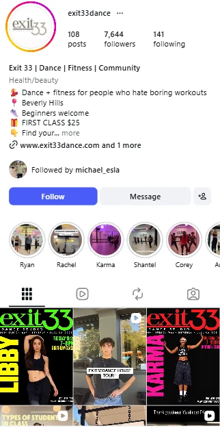 Exit 33 Dance Studio's Instagram profile on a phone
