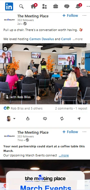 The Meeting Place DFW's LinkedIn company page on a phone