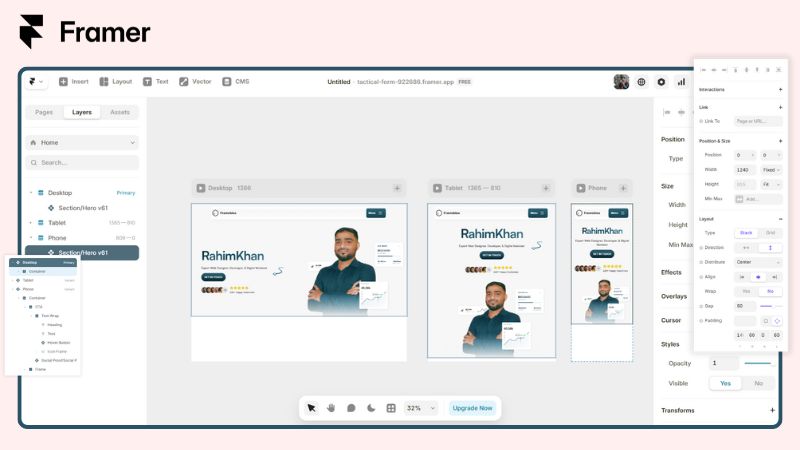 Framer UI with different options to build landing pages
