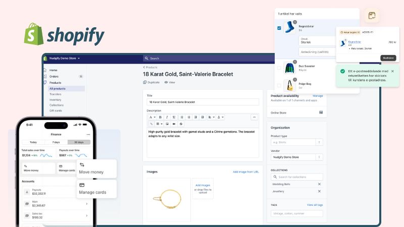 Shopify UI with product page including order analytics and checkout screenshot