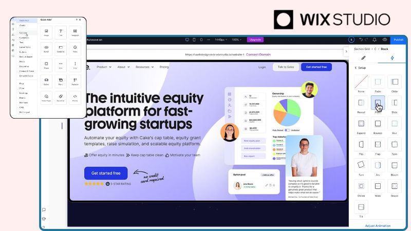 Wix Studio UI to build pages and its elements options